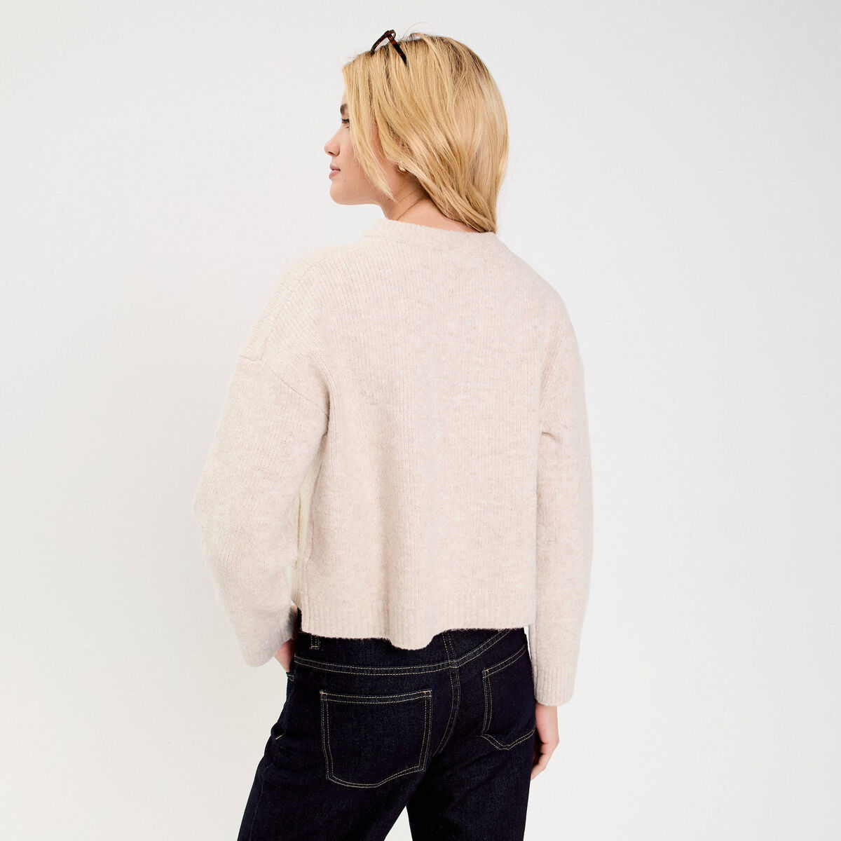 Gilet bouclette col rond manches longues beige femme
