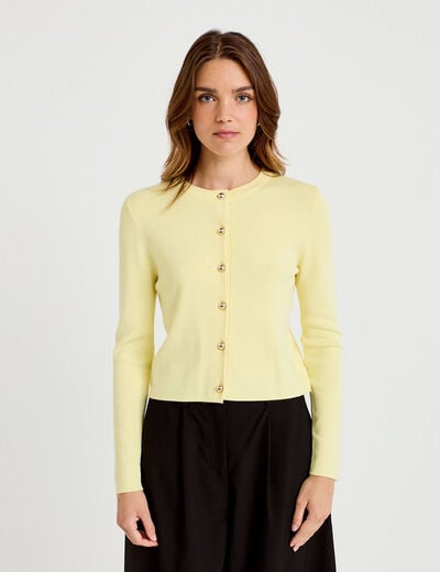 Gilet ajust&eacute; cropped col rond jaune clair femme