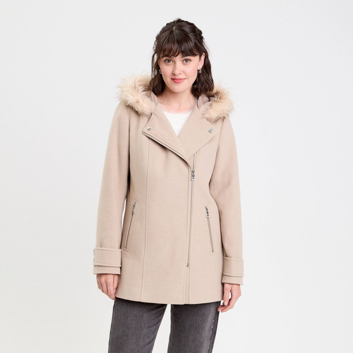 Manteau droit avec capuche beige femme