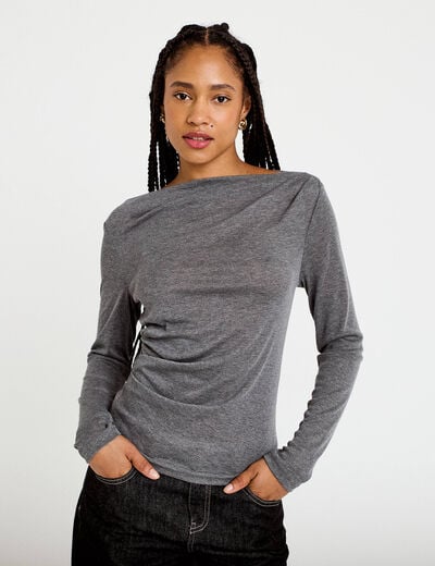 T-shirt col b&eacute;nitier manches longues gris fonc&eacute; femme