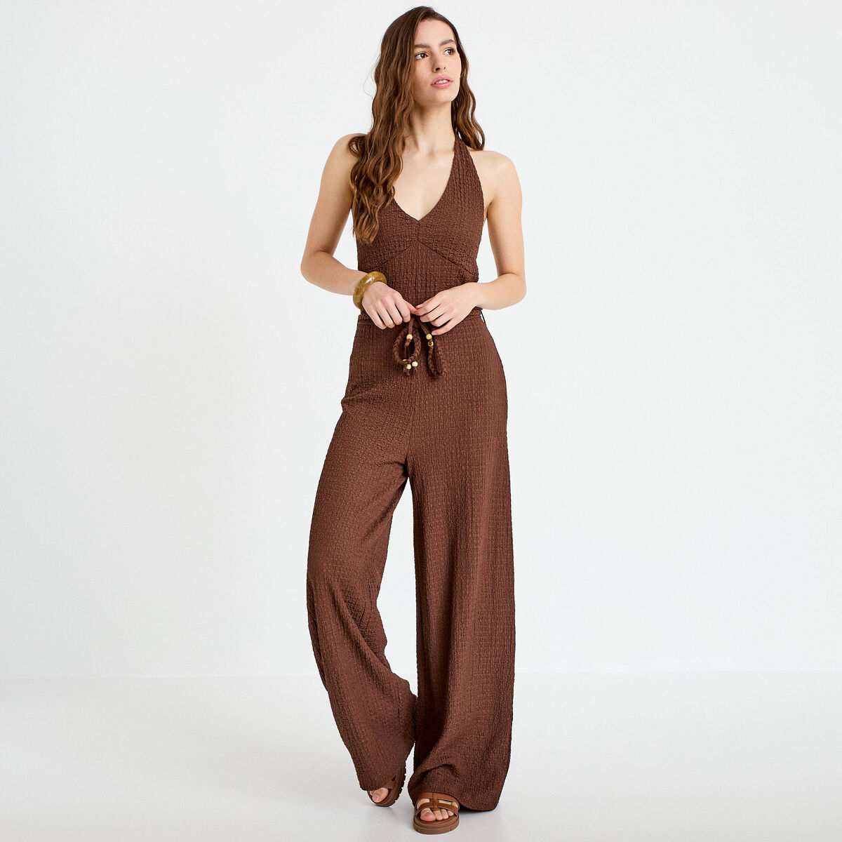 Combinaison large sans manches col v marron femme