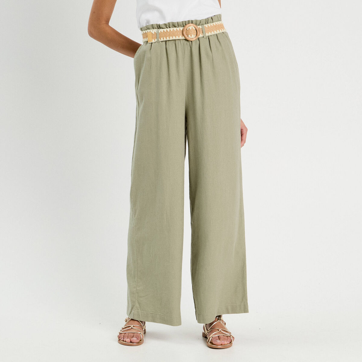 Pantalon large ceintur&eacute; contenant du lin vert kaki femme