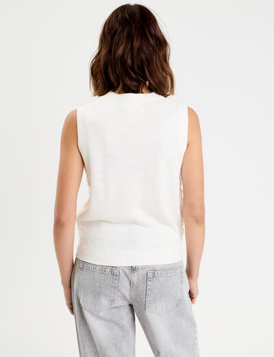 Pull sans manches &agrave; motif floral ecru femme