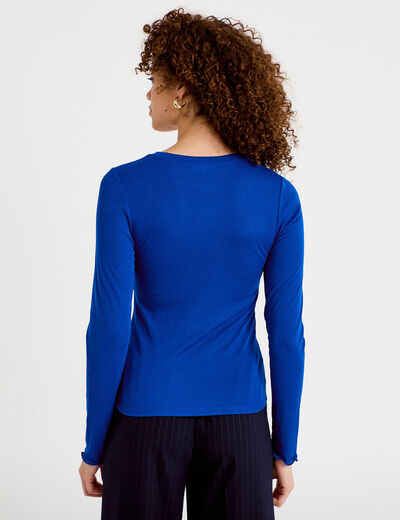 T-shirt ajust&eacute; col rond manches longues bleu electrique femme