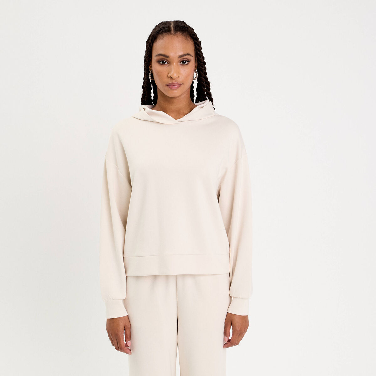 Sweat &agrave; capuche manches longues ecru femme
