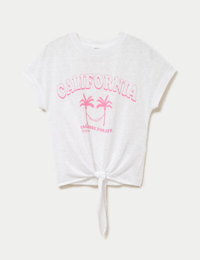 T-shirt droit cropped manches courtes ecru femme