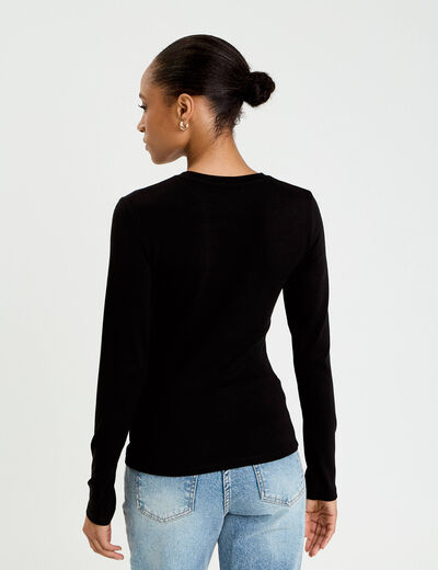 T-shirt cintr&eacute; col rond manches longues noir femme