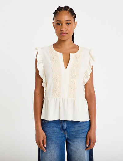 Blouse sans manches col v ecru femme