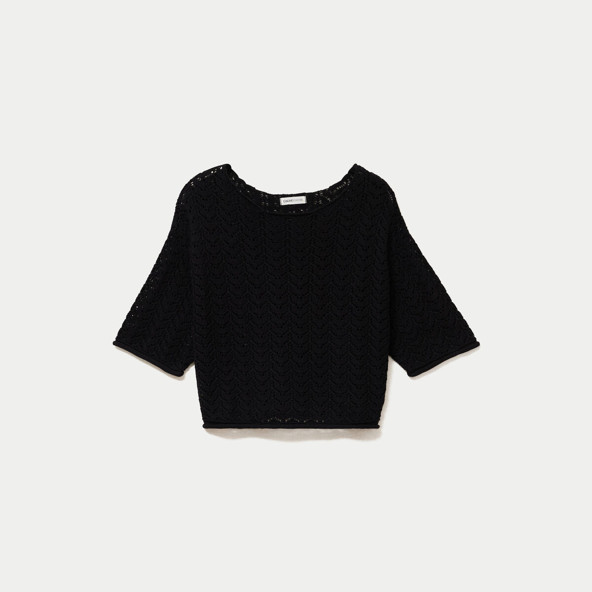 Pull ajour&eacute; aspect dentelle col rond noir femme