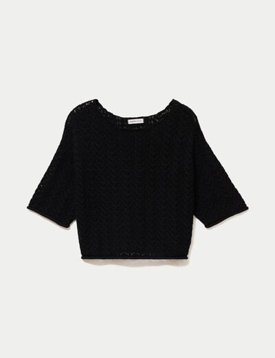 Pull ajour&eacute; aspect dentelle col rond noir femme