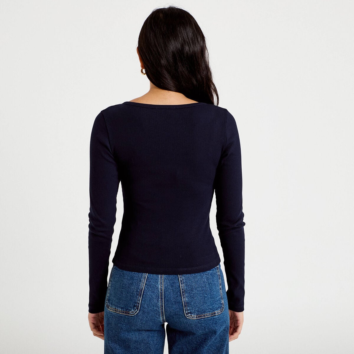 T-shirt c&ocirc;tel&eacute; ajust&eacute; manches longues bleu marine femme