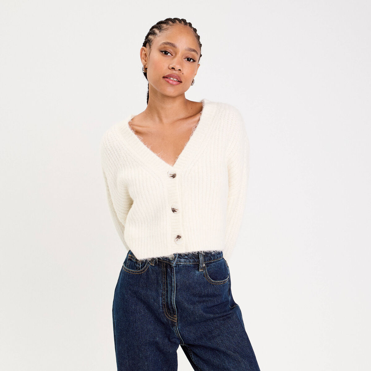 Gilet col v manches longues ecru femme
