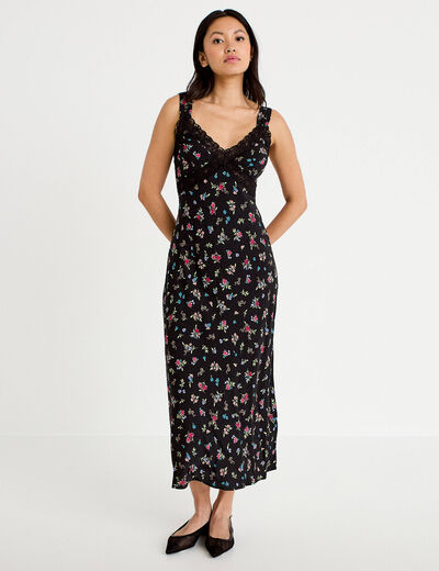 Robe d&eacute;collet&eacute; bretelles aspect dentelle noir femme
