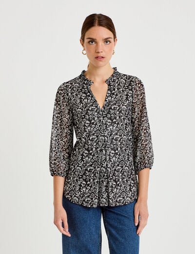 Blouse col v manches 3/4 noir femme