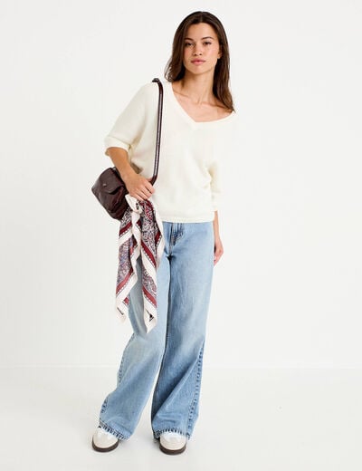 Pull ample col v manches courtes blanc femme
