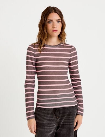 T-shirt ajust&eacute; col rond manches longues marron fonc&eacute; femme