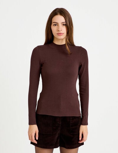 T-shirt ajust&eacute; manches longues marron fonc&eacute; femme