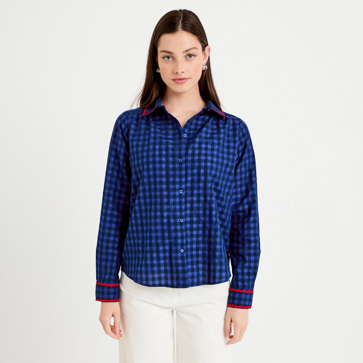 Chemise droite vichy col claudine bleu electrique femme