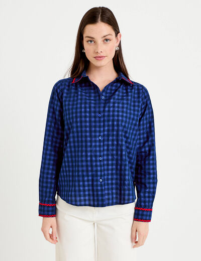 Chemise droite vichy col claudine bleu electrique femme