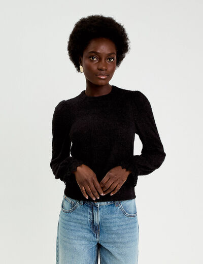 Top dentelle manches longues col rond noir femme