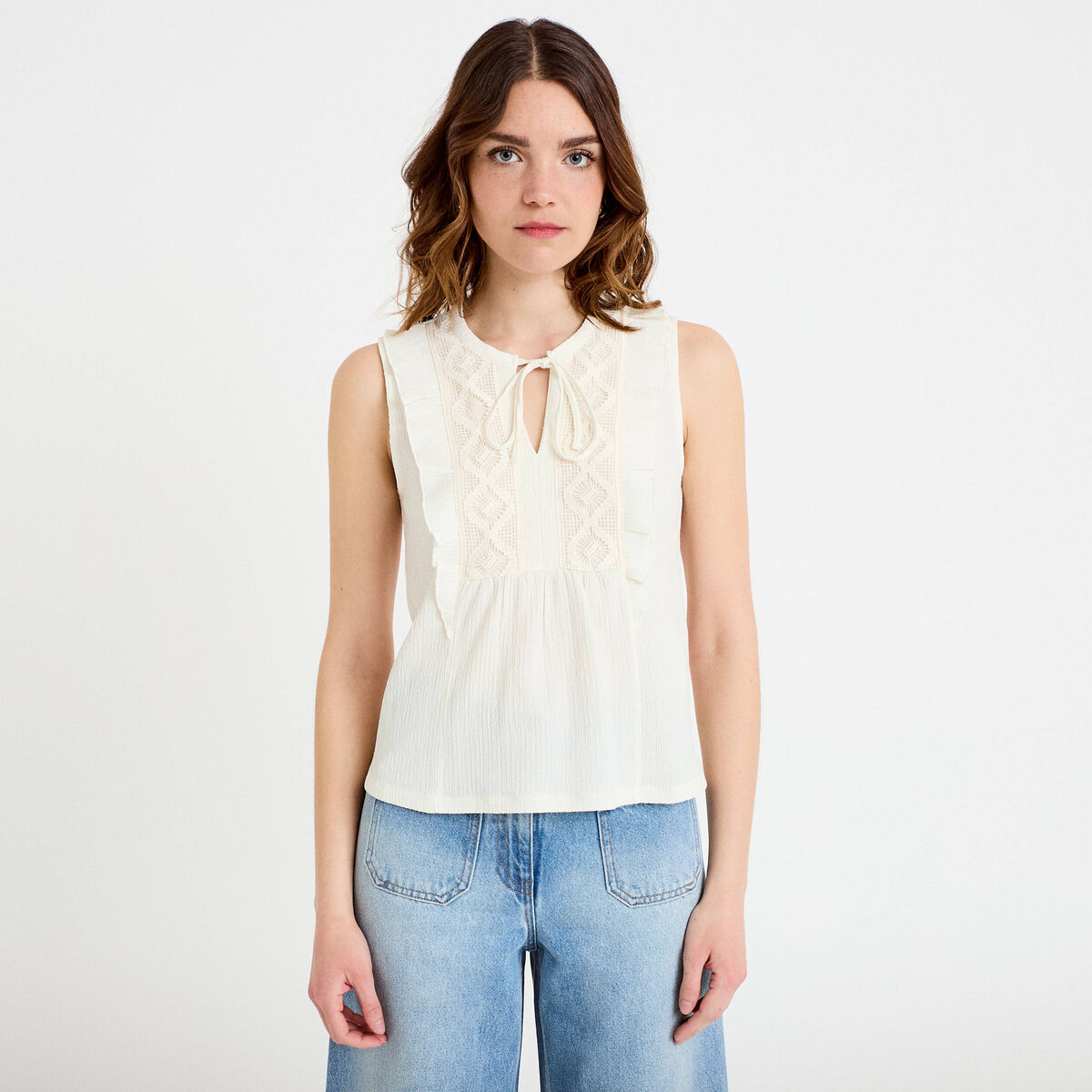 Top sans manches col v ecru femme