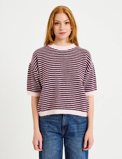 Pull ample duveteux manches courtes prune femme