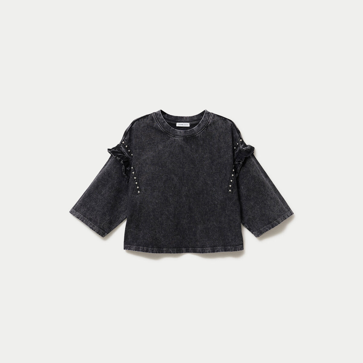 T-shirt oversize court manches longues gris fonc&eacute; femme