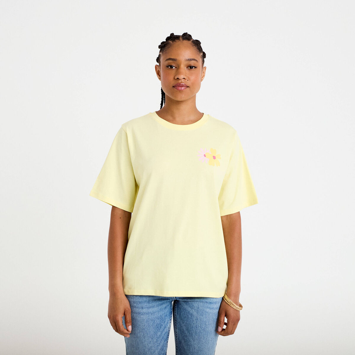 T-shirt col rond manches courtes jaune clair femme