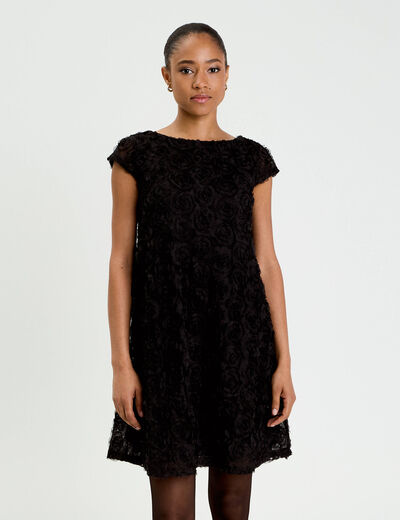 Robe droite motif floral en relief noir femme