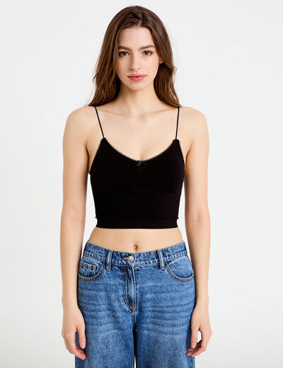 Crop top c&ocirc;tel&eacute; noir femme