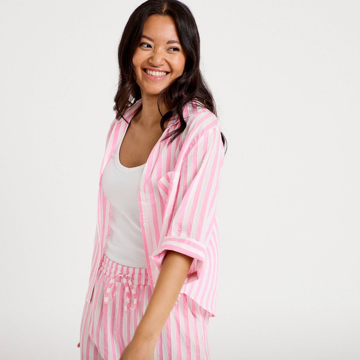 Blouse ample col tunisien manches 3/4 rose femme