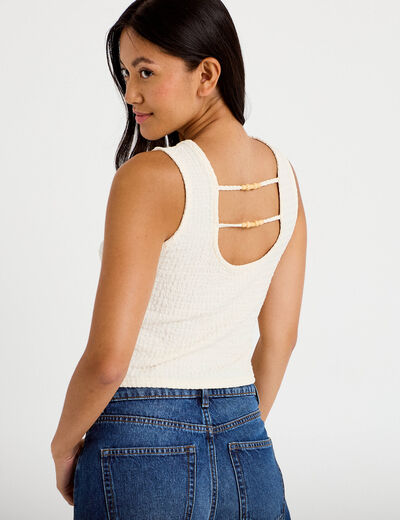 Top pliss&eacute; col rond manches courtes ecru femme