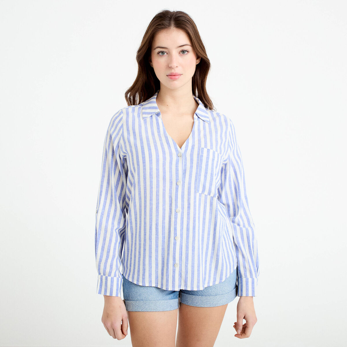 Chemise lin col V manches longues blanc femme