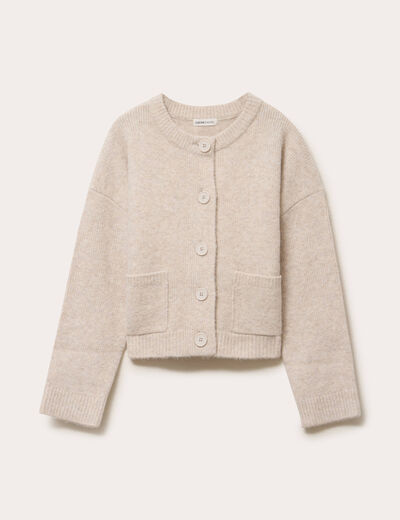 Gilet bouclette col rond manches longues beige femme