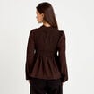 Blouse droite manches longues pliss&eacute;e marron fonc&eacute; femme