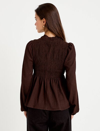 Blouse droite manches longues pliss&eacute;e marron fonc&eacute; femme