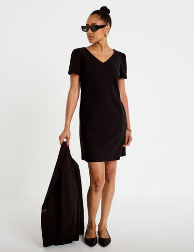 Robe droite courte en maille col rond noir femme