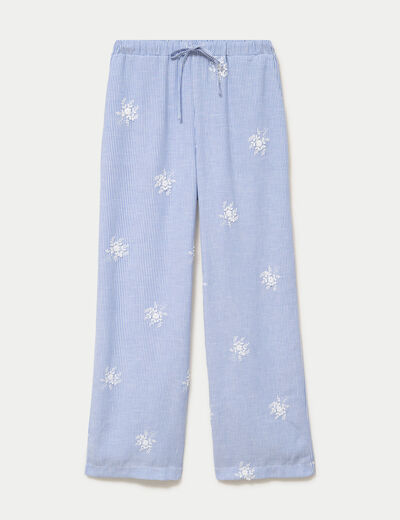 Pantalon large taille haute &agrave; relief blanc femme