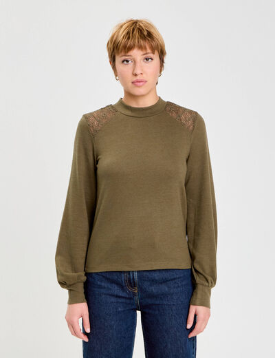 T-shirt manches longues d&eacute;tails ajour&eacute;s vert kaki femme