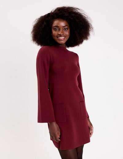 Robe manches longues col montant bordeaux femme