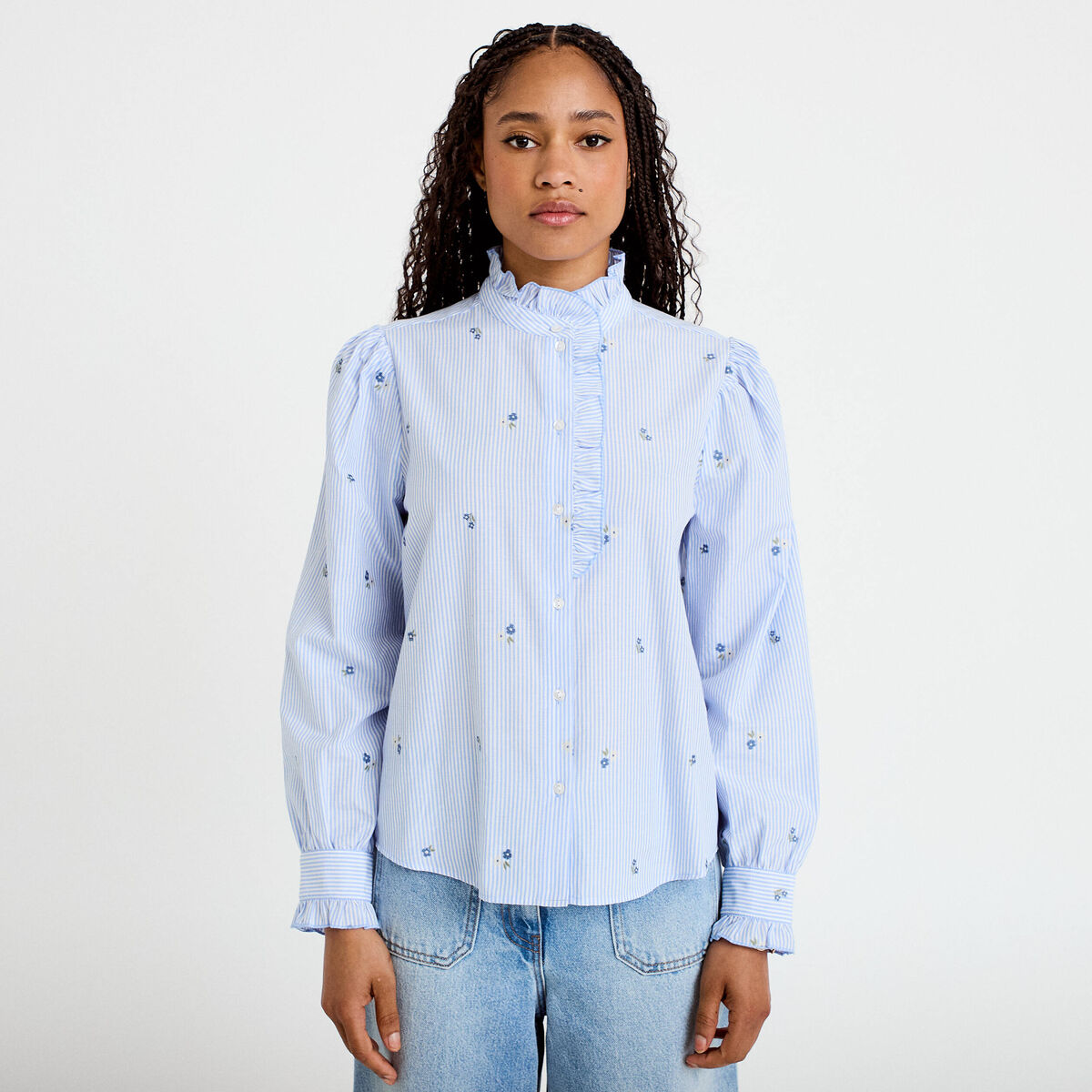 Chemise droite manches longues bleu ciel femme
