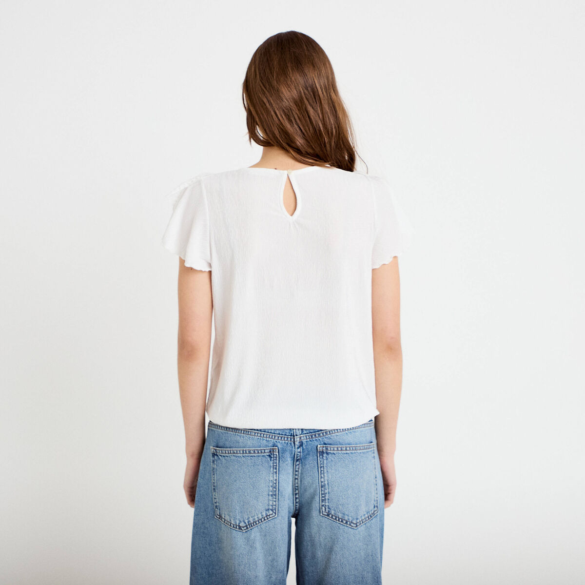Blouse col v manches courtes dentelle ecru femme