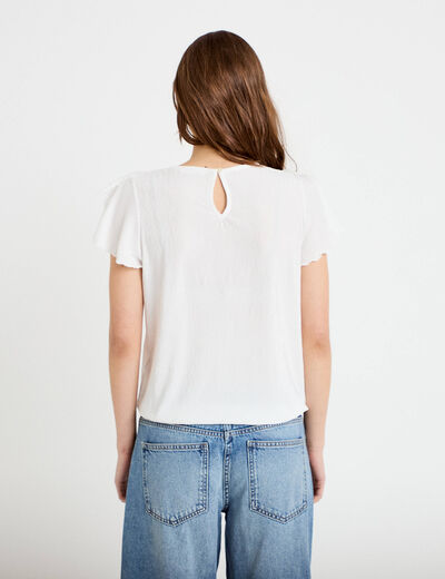 Blouse col v manches courtes dentelle ecru femme