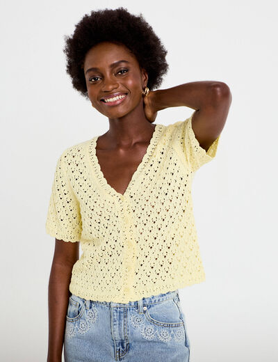 Gilet ajour&eacute; col v manches courtes jaune pastel femme