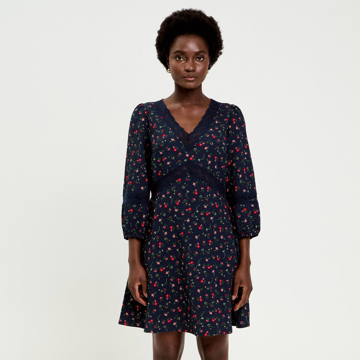 Robe &eacute;vas&eacute;e col v manches longues bleu marine femme