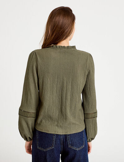 Blouse broderie col V manches longues vert kaki femme