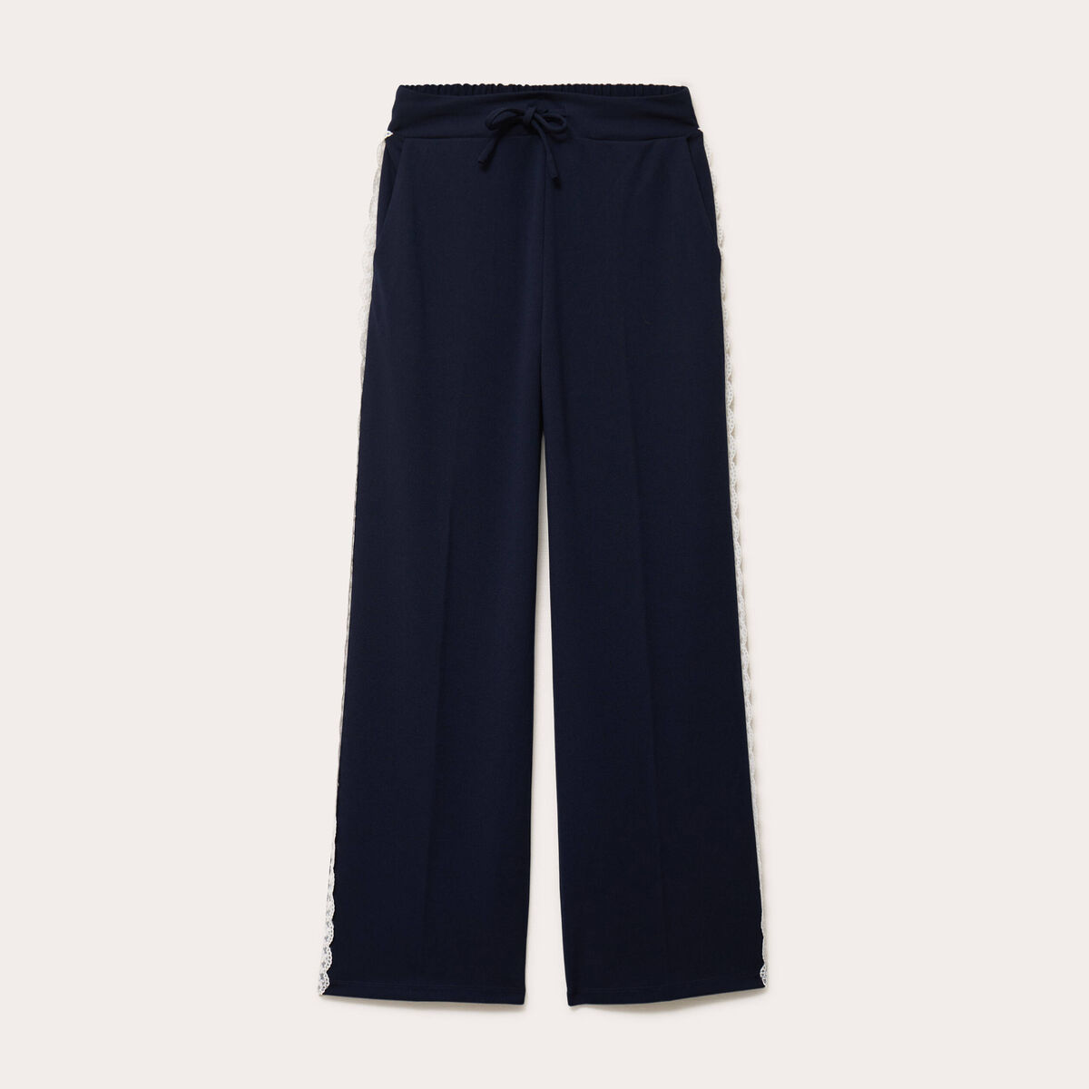 Pantalon large fluide d&eacute;tail dentelle bleu marine femme