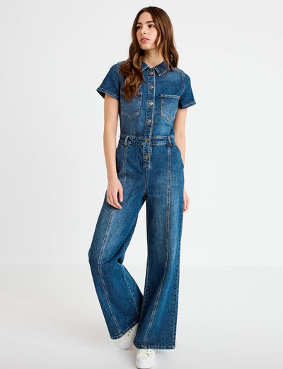 Combinaison manches courtes denim stone femme