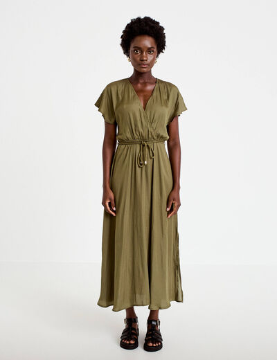 Robe longue &eacute;vas&eacute;e col v satin&eacute;e vert kaki femme