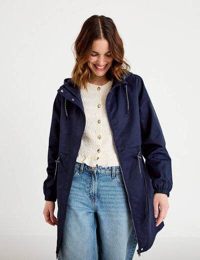 Parka &agrave; capuche taille ajustable bleu marine femme
